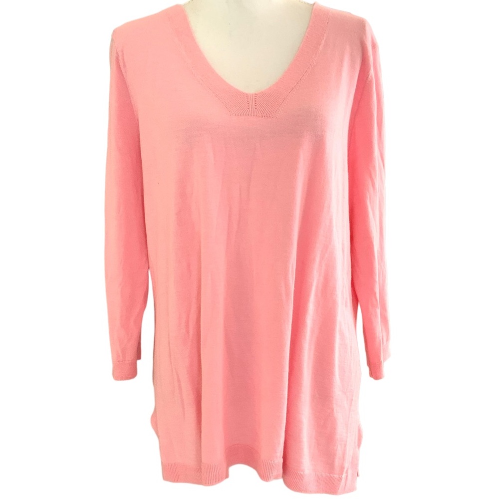Talbots Women’s Sweater XL Knit Top Cotton Vneck 3/4 Sleeve Thin Tunic Pink